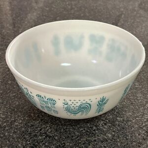 Vintage Pyrex White Bowl with Teal Rooster Design